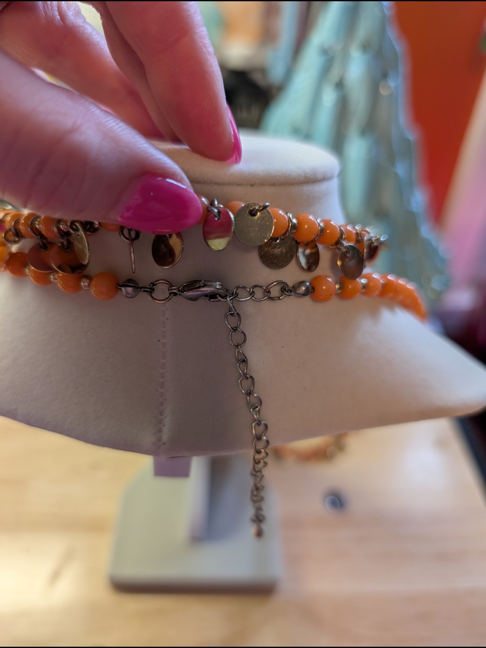 Orange Beaded Layered Choker Necklace with Gold Discs